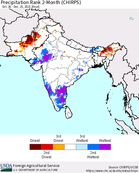 Southern Asia Precipitation Rank 2-Month (CHIRPS) Thematic Map For 10/26/2021 - 12/25/2021