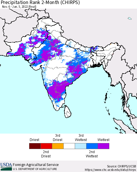 Southern Asia Precipitation Rank since 1981, 2-Month (CHIRPS) Thematic Map For 11/6/2021 - 1/5/2022