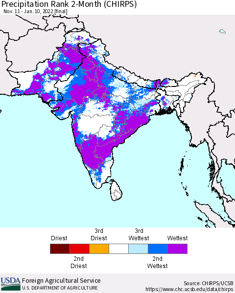 Southern Asia Precipitation Rank 2-Month (CHIRPS) Thematic Map For 11/11/2021 - 1/10/2022