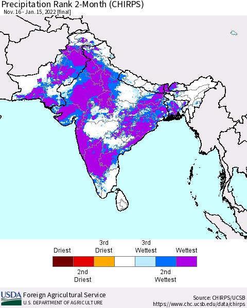 Southern Asia Precipitation Rank 2-Month (CHIRPS) Thematic Map For 11/16/2021 - 1/15/2022