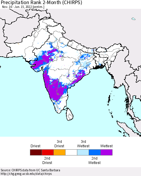 Southern Asia Precipitation Rank 2-Month (CHIRPS) Thematic Map For 11/16/2021 - 1/15/2022