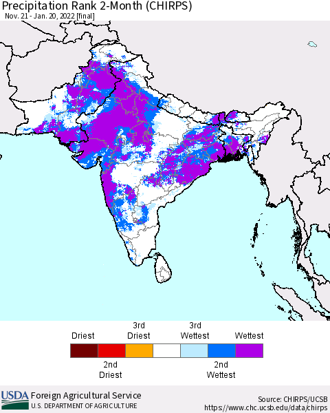 Southern Asia Precipitation Rank 2-Month (CHIRPS) Thematic Map For 11/21/2021 - 1/20/2022