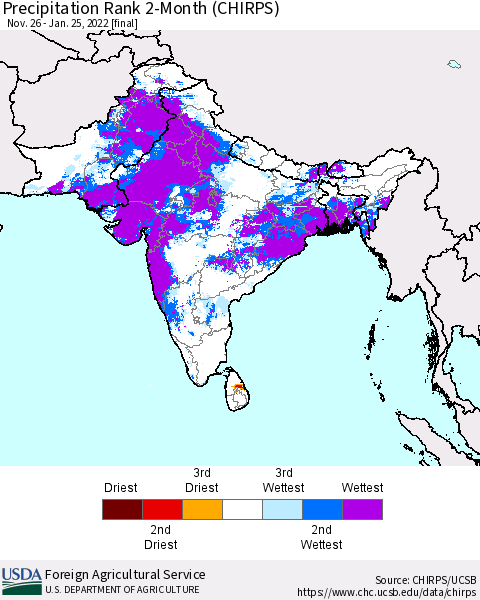 Southern Asia Precipitation Rank 2-Month (CHIRPS) Thematic Map For 11/26/2021 - 1/25/2022