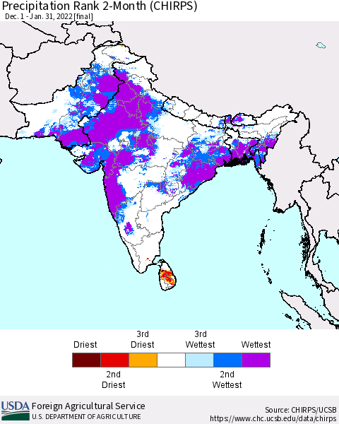 Southern Asia Precipitation Rank 2-Month (CHIRPS) Thematic Map For 12/1/2021 - 1/31/2022