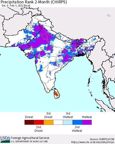 Southern Asia Precipitation Rank since 1981, 2-Month (CHIRPS) Thematic Map For 12/6/2021 - 2/5/2022