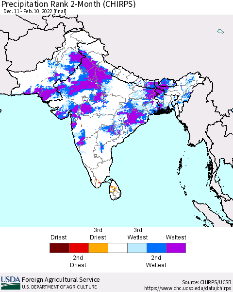 Southern Asia Precipitation Rank 2-Month (CHIRPS) Thematic Map For 12/11/2021 - 2/10/2022