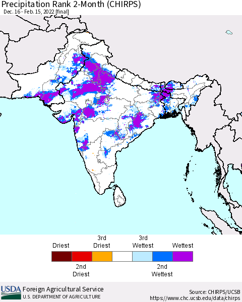 Southern Asia Precipitation Rank since 1981, 2-Month (CHIRPS) Thematic Map For 12/16/2021 - 2/15/2022