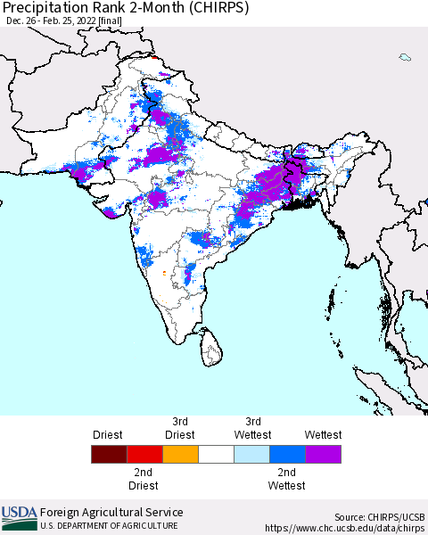 Southern Asia Precipitation Rank since 1981, 2-Month (CHIRPS) Thematic Map For 12/26/2021 - 2/25/2022