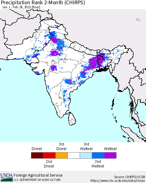 Southern Asia Precipitation Rank 2-Month (CHIRPS) Thematic Map For 1/1/2022 - 2/28/2022
