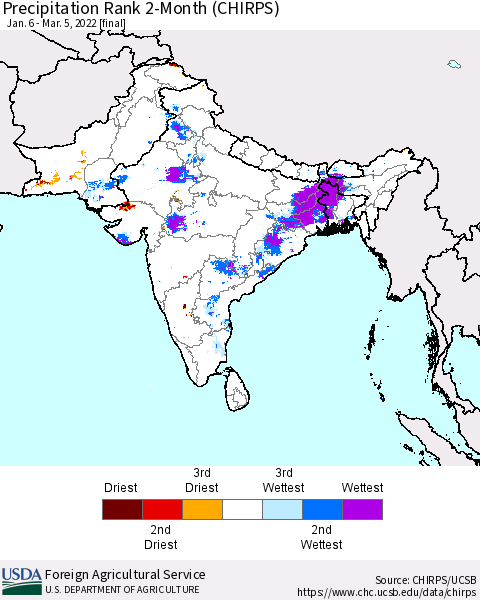 Southern Asia Precipitation Rank 2-Month (CHIRPS) Thematic Map For 1/6/2022 - 3/5/2022