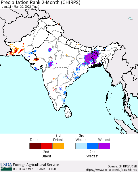 Southern Asia Precipitation Rank 2-Month (CHIRPS) Thematic Map For 1/11/2022 - 3/10/2022