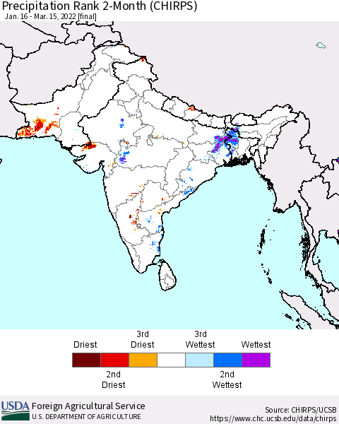 Southern Asia Precipitation Rank 2-Month (CHIRPS) Thematic Map For 1/16/2022 - 3/15/2022