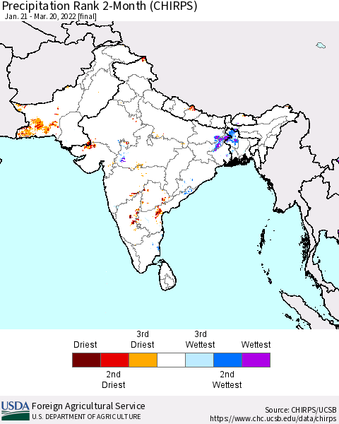 Southern Asia Precipitation Rank since 1981, 2-Month (CHIRPS) Thematic Map For 1/21/2022 - 3/20/2022