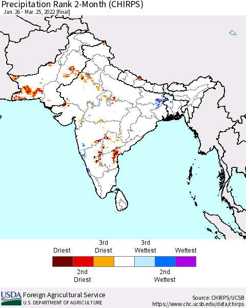 Southern Asia Precipitation Rank 2-Month (CHIRPS) Thematic Map For 1/26/2022 - 3/25/2022