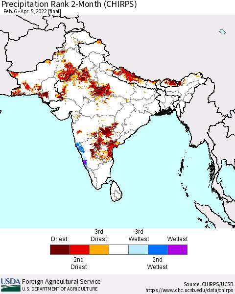 Southern Asia Precipitation Rank 2-Month (CHIRPS) Thematic Map For 2/6/2022 - 4/5/2022