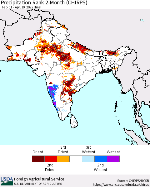 Southern Asia Precipitation Rank 2-Month (CHIRPS) Thematic Map For 2/11/2022 - 4/10/2022