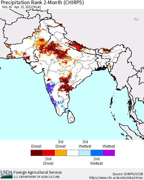 Southern Asia Precipitation Rank 2-Month (CHIRPS) Thematic Map For 2/16/2022 - 4/15/2022