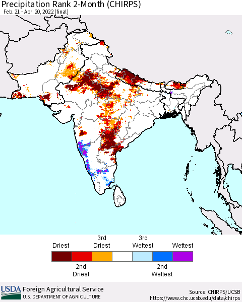 Southern Asia Precipitation Rank since 1981, 2-Month (CHIRPS) Thematic Map For 2/21/2022 - 4/20/2022