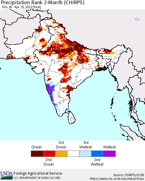 Southern Asia Precipitation Rank 2-Month (CHIRPS) Thematic Map For 2/26/2022 - 4/25/2022
