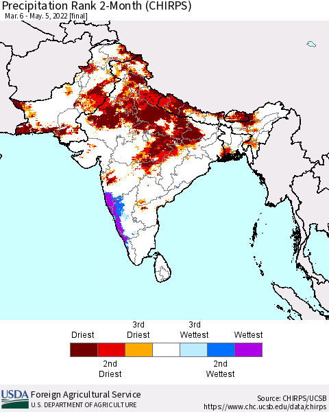 Southern Asia Precipitation Rank 2-Month (CHIRPS) Thematic Map For 3/6/2022 - 5/5/2022