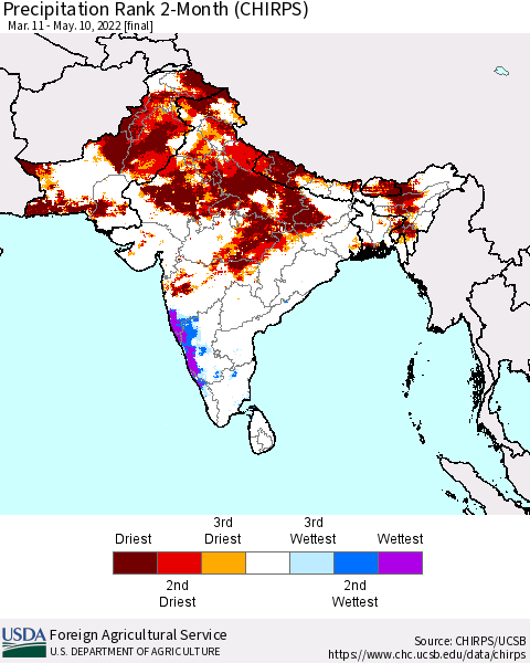 Southern Asia Precipitation Rank 2-Month (CHIRPS) Thematic Map For 3/11/2022 - 5/10/2022