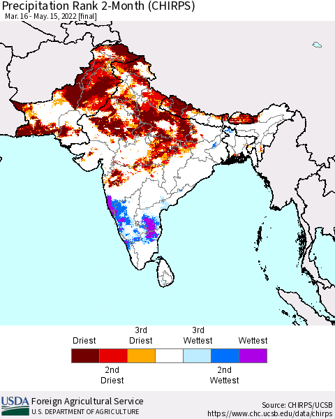 Southern Asia Precipitation Rank 2-Month (CHIRPS) Thematic Map For 3/16/2022 - 5/15/2022