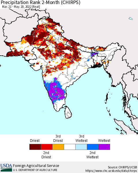 Southern Asia Precipitation Rank 2-Month (CHIRPS) Thematic Map For 3/21/2022 - 5/20/2022