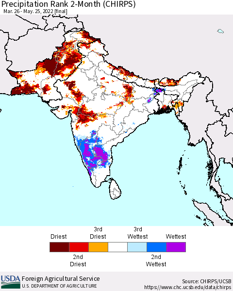 Southern Asia Precipitation Rank 2-Month (CHIRPS) Thematic Map For 3/26/2022 - 5/25/2022