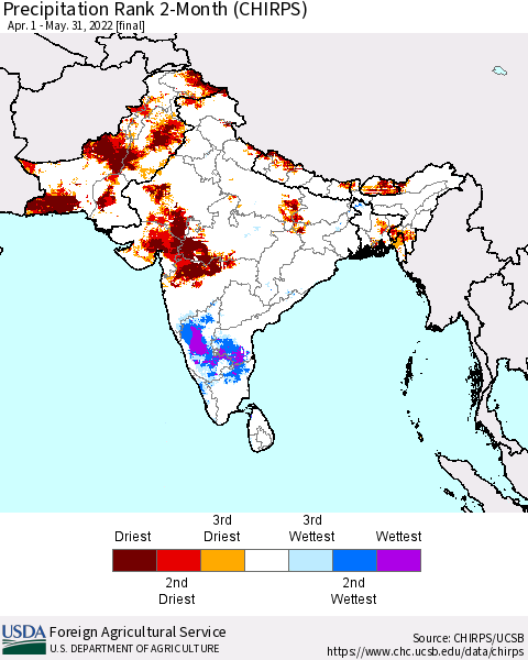 Southern Asia Precipitation Rank 2-Month (CHIRPS) Thematic Map For 4/1/2022 - 5/31/2022