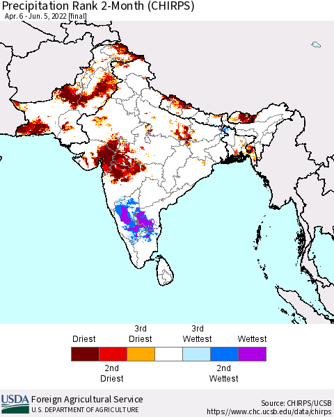 Southern Asia Precipitation Rank 2-Month (CHIRPS) Thematic Map For 4/6/2022 - 6/5/2022