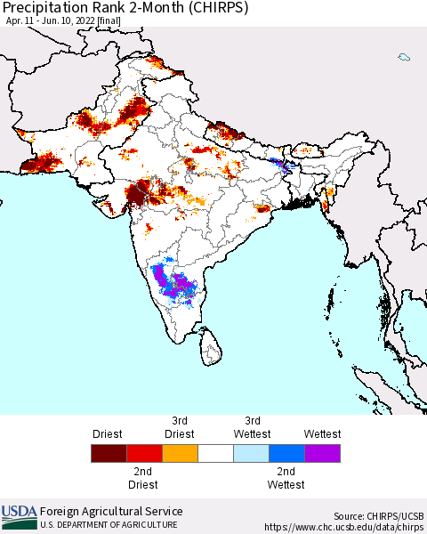 Southern Asia Precipitation Rank since 1981, 2-Month (CHIRPS) Thematic Map For 4/11/2022 - 6/10/2022
