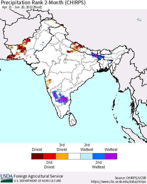 Southern Asia Precipitation Rank 2-Month (CHIRPS) Thematic Map For 4/21/2022 - 6/20/2022
