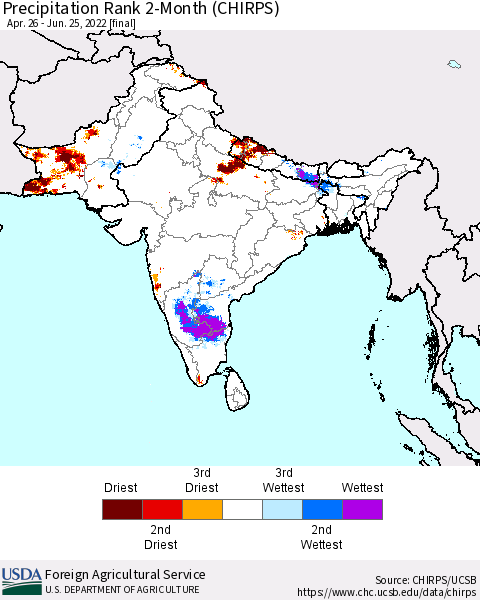 Southern Asia Precipitation Rank 2-Month (CHIRPS) Thematic Map For 4/26/2022 - 6/25/2022