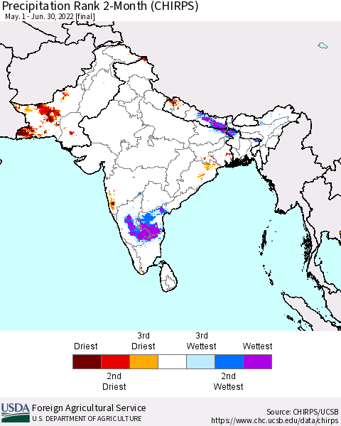 Southern Asia Precipitation Rank since 1981, 2-Month (CHIRPS) Thematic Map For 5/1/2022 - 6/30/2022