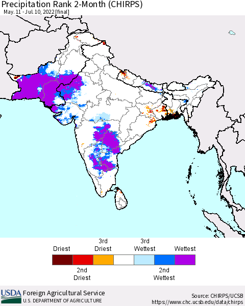 Southern Asia Precipitation Rank 2-Month (CHIRPS) Thematic Map For 5/11/2022 - 7/10/2022