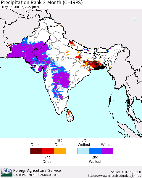 Southern Asia Precipitation Rank since 1981, 2-Month (CHIRPS) Thematic Map For 5/16/2022 - 7/15/2022