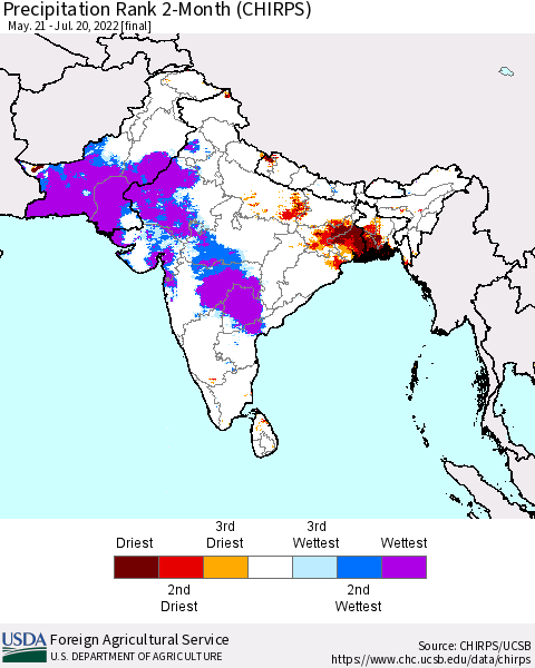 Southern Asia Precipitation Rank 2-Month (CHIRPS) Thematic Map For 5/21/2022 - 7/20/2022