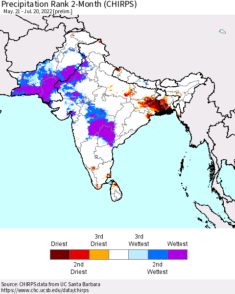 Southern Asia Precipitation Rank 2-Month (CHIRPS) Thematic Map For 5/21/2022 - 7/20/2022