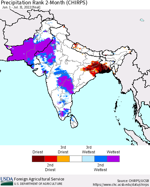Southern Asia Precipitation Rank since 1981, 2-Month (CHIRPS) Thematic Map For 6/1/2022 - 7/31/2022