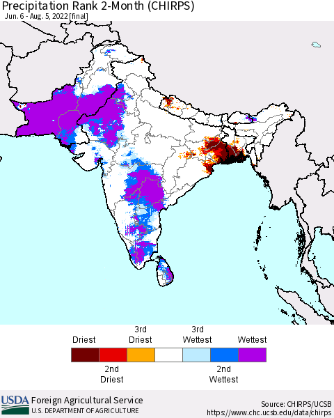 Southern Asia Precipitation Rank since 1981, 2-Month (CHIRPS) Thematic Map For 6/6/2022 - 8/5/2022