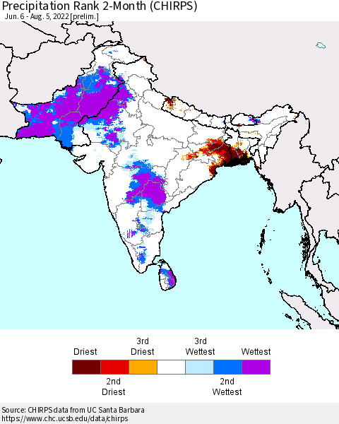 Southern Asia Precipitation Rank 2-Month (CHIRPS) Thematic Map For 6/6/2022 - 8/5/2022