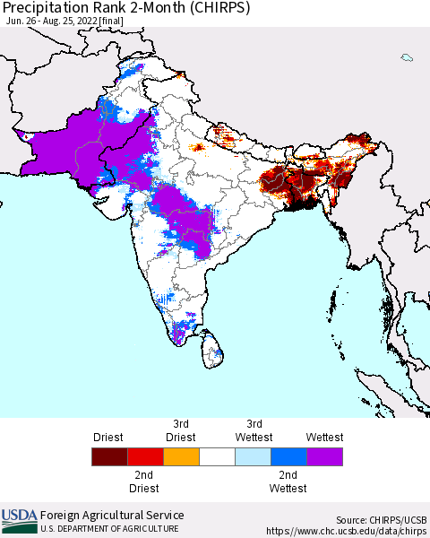 Southern Asia Precipitation Rank 2-Month (CHIRPS) Thematic Map For 6/26/2022 - 8/25/2022