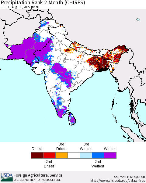 Southern Asia Precipitation Rank since 1981, 2-Month (CHIRPS) Thematic Map For 7/1/2022 - 8/31/2022