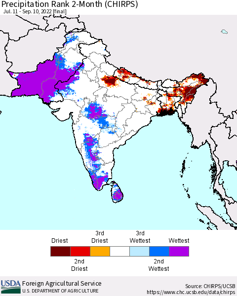 Southern Asia Precipitation Rank since 1981, 2-Month (CHIRPS) Thematic Map For 7/11/2022 - 9/10/2022
