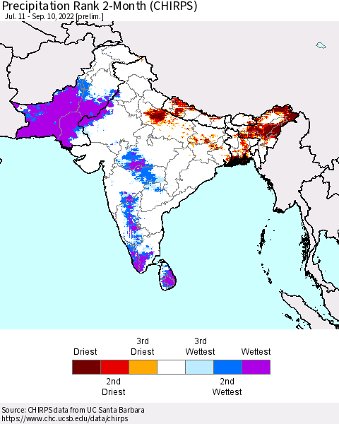 Southern Asia Precipitation Rank 2-Month (CHIRPS) Thematic Map For 7/11/2022 - 9/10/2022