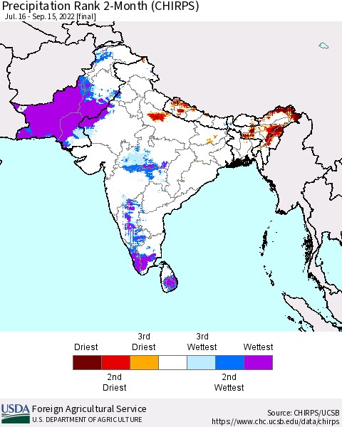 Southern Asia Precipitation Rank since 1981, 2-Month (CHIRPS) Thematic Map For 7/16/2022 - 9/15/2022