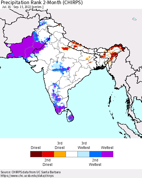 Southern Asia Precipitation Rank 2-Month (CHIRPS) Thematic Map For 7/16/2022 - 9/15/2022