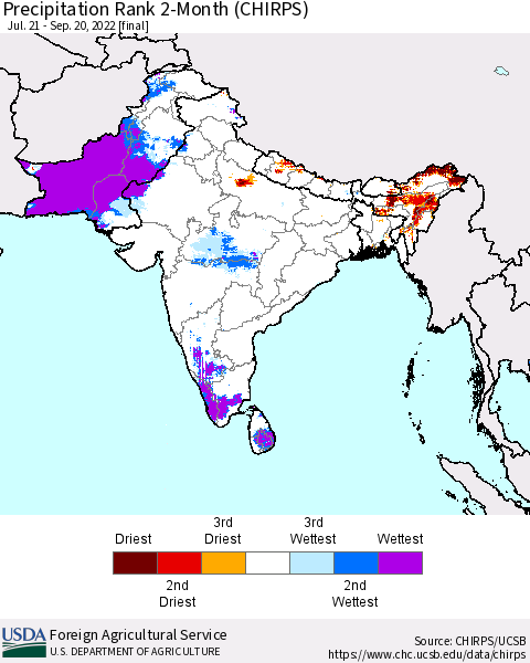Southern Asia Precipitation Rank since 1981, 2-Month (CHIRPS) Thematic Map For 7/21/2022 - 9/20/2022