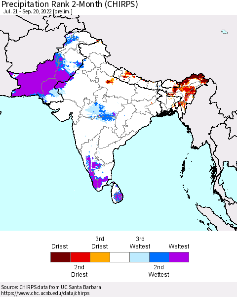 Southern Asia Precipitation Rank 2-Month (CHIRPS) Thematic Map For 7/21/2022 - 9/20/2022