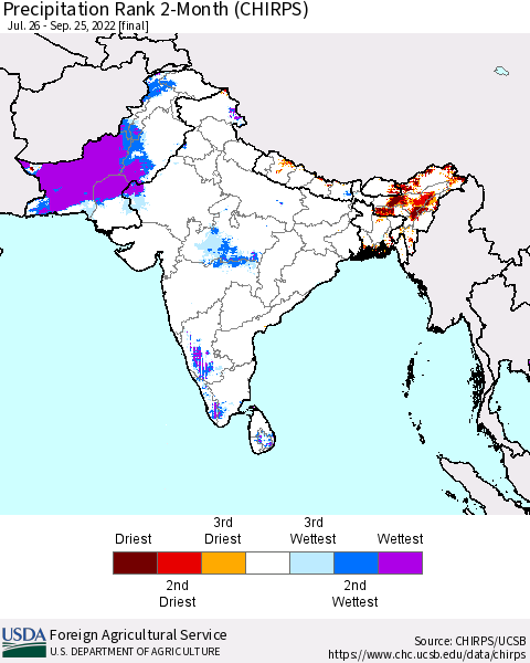 Southern Asia Precipitation Rank since 1981, 2-Month (CHIRPS) Thematic Map For 7/26/2022 - 9/25/2022